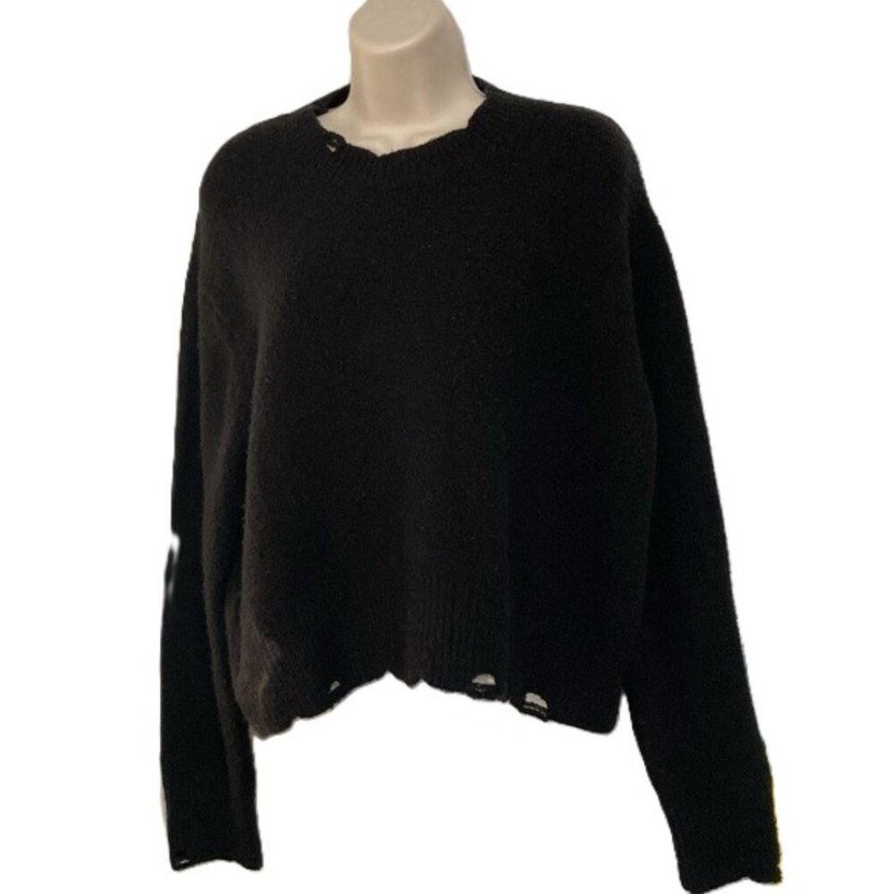 ZARA KNIT Pullover Sweater Distressed Long Sleeves and Hem Black Womens Large